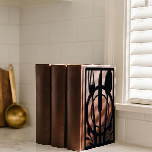 WADORN Kitchen Metal Decorative Bookend for Shelves 1 Pair, Heavy Duty Book Ends Non-Skid Books Holder Stand Black Book Support Stoppers for Cookbooks Desk Bookshelf Office Home, 5.3x4.3x7.9 Inch - color: Cutlery