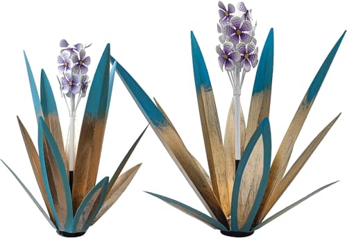 Metal Agave Plant Garden Art, 2 Pack Tequila Rustic Sculpture, Rustic Metal Agave Plants Lawn Home Ornaments, for Yard Stakes, Garden Figurines, Outdoor Patio (2 PCS Purple Flowers) - color: 2 Pcs Purple Flowers