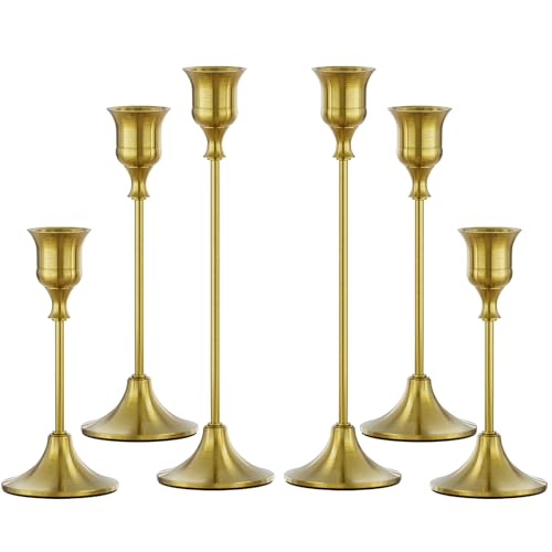 FSyueyun Brass Candlestick Holders Set of 6, Elegant Metal Candlestick Holders for Vintage Taper Candle Holders, Perfect for Table Centerpieces, Fireplace, Home Decor, Weddings and Party Decorations - color: Brass, size: Set of 6