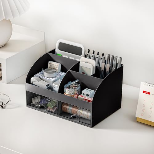 COMFYROOM Desk Organizer with 6 Compartments and 2 Drawers, Plastic Makeup Organizer, Pen Holder for Desktop Storage, Desk Organization for School, Home, Office Supplies Black-2Pack - color: Black-2Pack