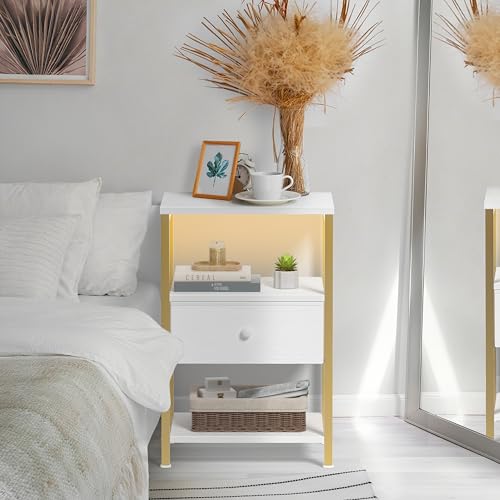 BOLUO White and Gold Nightstand with Charging Station, LED Night Stand with Fabric Drawers and Shelf, Bedside Table with USB Ports and Outlets, Bedroom Nightstand Modern - color: D. Gold