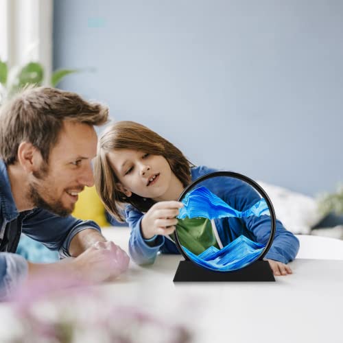 Herecanli Moving Sand Art Picture - 3D Quicksand Painting Decor - Round Glass 3D Deep Sea Sandscape - Relaxing Decoration for Home,Office,Desk,Mantle,Bookshelf,Room- (Blue, 12 in) - color: Blue, size: 12"