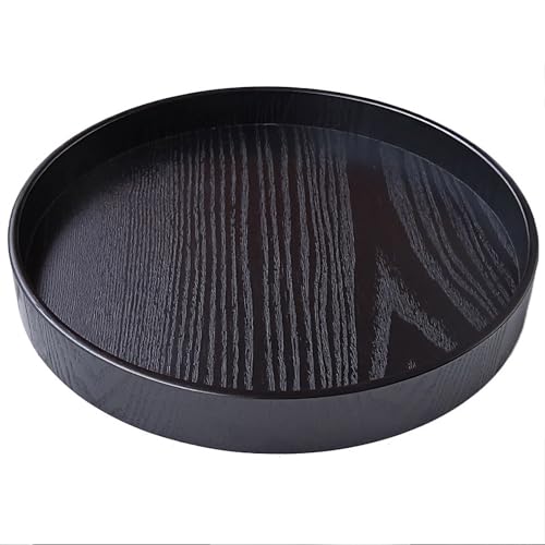 Round Wood Serving Tray, Solid Wooden Decorative Tray Non-Slip Tea Coffee Table Tray Snack Plate Food Meals Serving Tray with Raised Edges for Home Decor Kitchen Restaurant(10.6inch, Black) - size: 10.6"