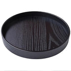 Round Wood Serving Tray, Solid Wooden Decorative Tray Non-Slip Tea Coffee Table Tray Snack Plate Food Meals Serving Tray with Raised Edges for Home Decor Kitchen Restaurant(10.6inch, Black) - size: 10.6"