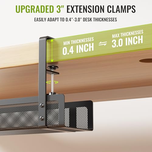[Upgraded] 2 Pack Cable Management Under Desk Tray, Xpatee 27.6" No Drill Open Slots Cable Management Tray, Cord Wire Organizer Box with Clamp for Table Thickness up to 3" - No Desk Damage(Black) - color: Black, size: 2 Pack (Upgraded Mesh)