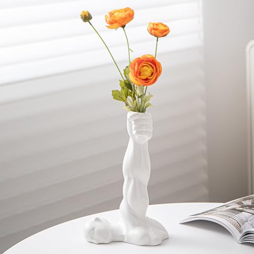 Hand Vase,10.63'' H Muscular Arm Ceramic Vase, Artistic White Ceramic Flower Vase for Home Decor, Table Centerpiece, Modern Sculptural Aesthetic 10.63'' H