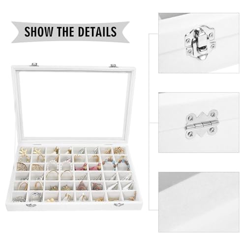 Siveit Velvet Jewelry Tray 48 Grid Jewelry Display Tray Organizer Box with Transparent Lid Rings Earrings Necklaces Pendants Display Box Suitable for Women and Girls (Ivory) - color: Ivory