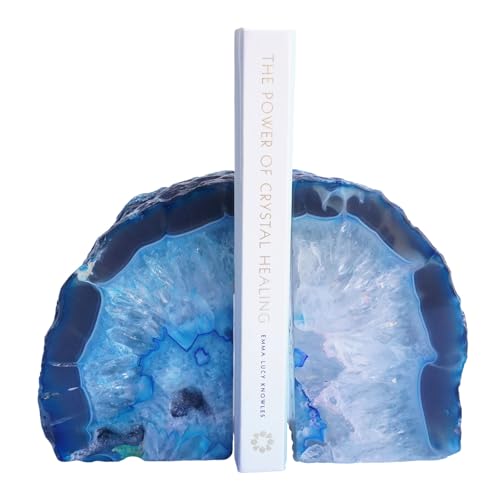 Natural Blue Dyed Agate Geode Bookends - 3 to 4 lb Heavy Duty Rock Crystal Stone Book Ends for Shelves, with Rubber Bumpers, Decorative Book Holders for Home Office - color: Blue, size: 3-4 Lbs