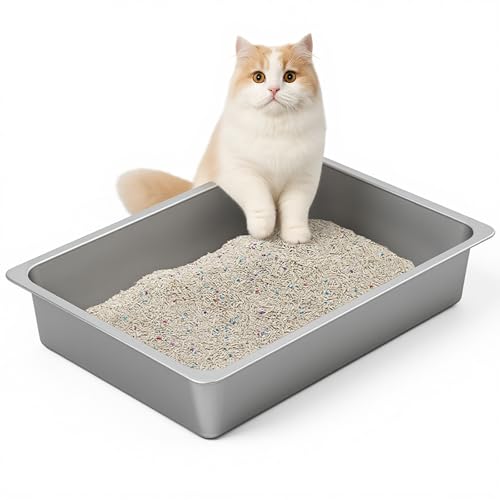 Kirecoo Stainless Steel Litter Box, Large Low Entry Metal Cat Pan Box, Indoor Litter Tray, Non Stick, No Smell, Easy to Clean, Pet Toilet Supplies for Cats - size: 19.48” L x 13.58” W x 3.9” H