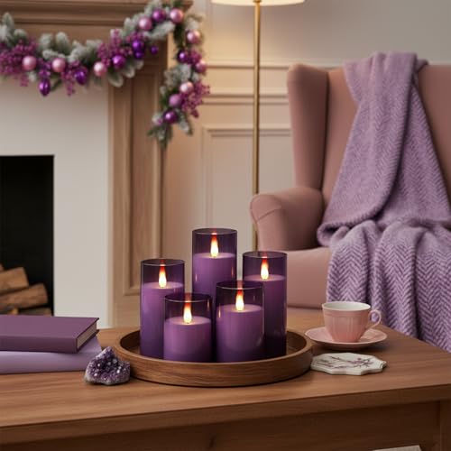 Homemory Purple Flickering Flameless Candles, Battery Operated Acrylic LED Pillar Candles with Remote Control and Timer, Purple Decor, Set of 5 - color: Purple