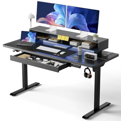 GTPLAYER Electric Standing Desk with Drawers, 48 x 24 Inch Height Adjustable Gaming Desk with Monitor Stand, Power Outlets & LED Lights, Home Office Sit Stand Up Desk with Memory Preset (Ebony Black) - color: Ebony Black, size: 48*24"