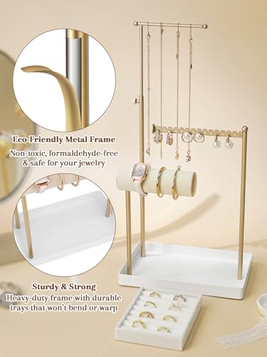 Jenseits Jewelry Organizer Stand with Ring Holder - 3-Tier Gold Jewelry Holder Tower with Velvet Tray, Necklace Holder, Bracelet & Earring Display Stand for Women, Gift for Her - color: white-gold