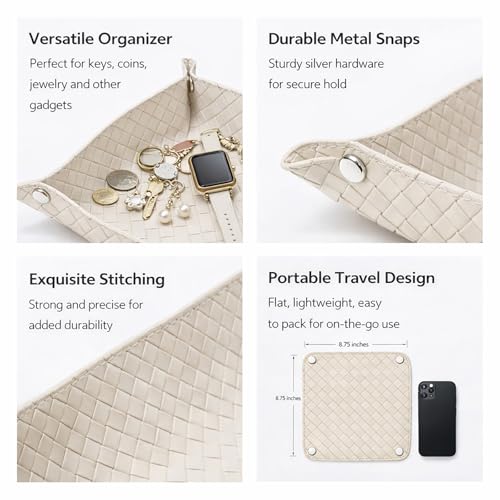 UnionBasic Small Jewelry Tray for Rings Watches Earrings, Entryway Catchall Caddy for Coins Keys Change, Nightstand Bedside Valet Holder, Trays for Electronic Gadgets, Woven Beige - color: Woven Beige, size: 5.4" x 5.4" x 1.6"