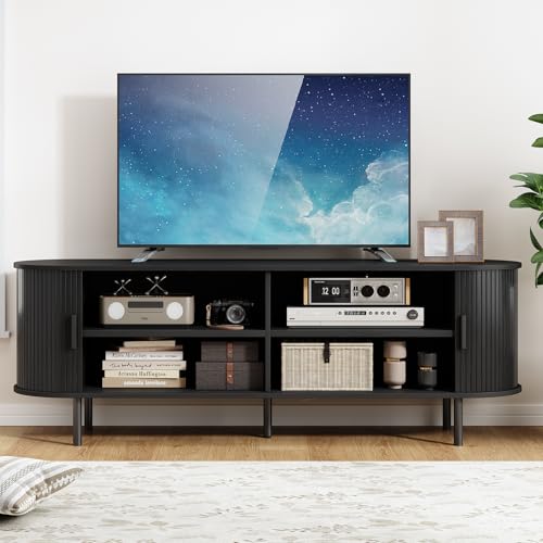 63" TV Stand with Power Outlet, Modern Media Console with Sliding Doors, Entertainment Center for TVs up to 60 Inch, Adjustable Shelves, Black - color: Black, size: 63 Inch