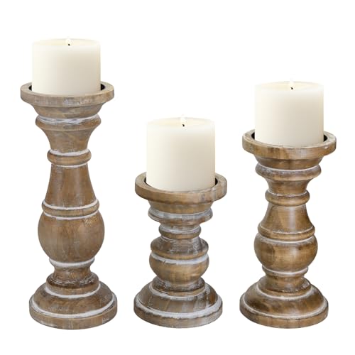 Candle Holder for Pillar Candle Set of 3, Farmhouse Wood Candle Holder, Rustic Wooden Candle Stand, Vintage Small Wooden Candlestick HoldersDecorative for Living Room, Table Centerpiece (Rusticbrown) - color: Rusticwhite, size: Set of 3