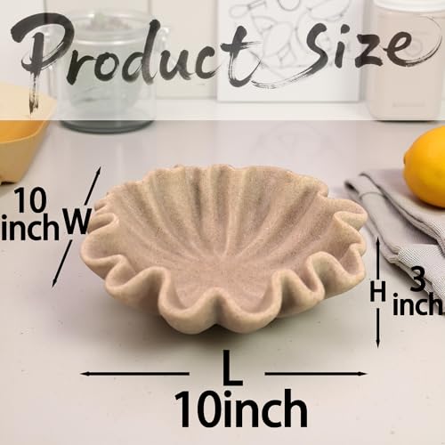 10" Large Handmade Decorative Bowl decor , Handicraft Scalloped Bowls for Modern Home Decor,Ruffle Decor,Key Bowl for Entry Table,Decorative Fruit Bowl for Kitchen Counter,Artificial Stone Beige - color: Beige, size: 10inch