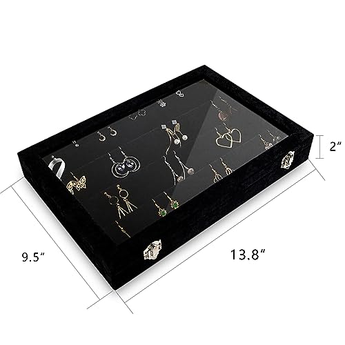 Frebeauty Earring Organizer Tray with Clear Lid 64 Slots Velvet Drawer Insert Earring Storage box with Transparent Glass lid Jewelry Display Case with lock Gifts for Women (Black, Earrings) - color: Black, size: 64 Slots