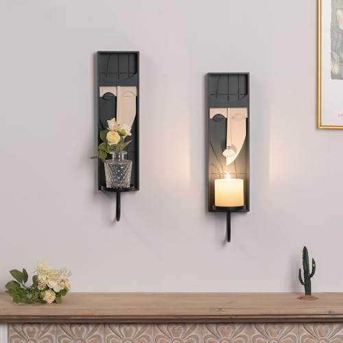 Set of 2 Boho Wall Decor, Modern Abstract Face Candle Sconces, Artistic Sculptural Design, 17.7 x 4.33 x 5.1 inches, Blackish Green - color: Blackish Green
