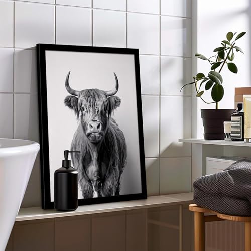 Highland Cow Bathroom Wall Art Set of 2 Framed Canvas Prints Funny Farm Animal Bathtub Artwork Black and White Rustic Modern Wall Decor Pictures with Solid Wood Frame & Acrylic Cover Cute wall decor 8X10IN - color: Highland Cow, size: 10"L x 8"W