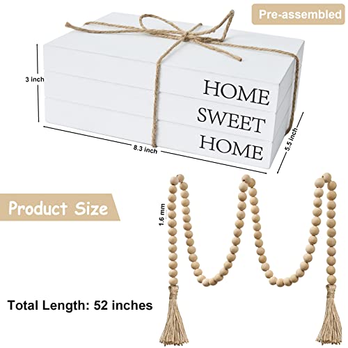 Decorative Books for Home Decor, White Faux Books for Decoration, Rustic Farmhouse Stacked Display Books with 52in Wood Bead Garland for Coffee Tables Living Room, (Home Sweet Home) - style: Home Sweet Home