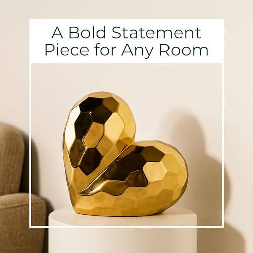 Decorative Ceramic Heart Sculpture for Home Decor - Ornament for Bathroom, Office, and Living Room Decor - Modern Figurine Accent for Bedroom, Shelf Display, and Coffee Table - 11", Gold & Metallic - color: Gold, size: 11x5x11