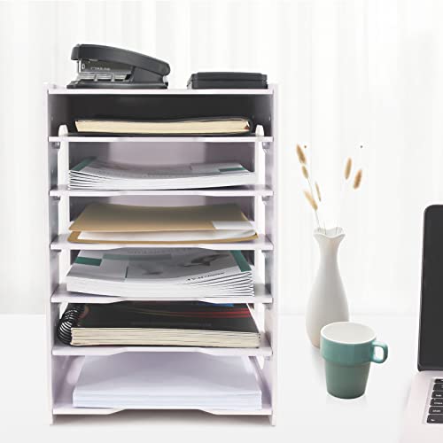 SONGWAY File Organizer for Desk - 7 Tier Document Holder with Removable Shelves, Letter Mail Rack, File Sorter Organizer, A4 Paper Storage Holder, Desktop Organizer for Home Office School, White - size: 7 Tier Upgrade