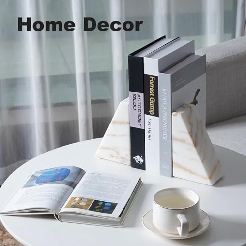 Karibiber Marble Bookends for Heavy Books, Calacatta Decorative Book Ends for Shelves, Unique and Heavy Bookends for Hardback Book & Cookbooks, Stone Book Stopper, Modern Book Holder,Set of 2 - color: Glden&white