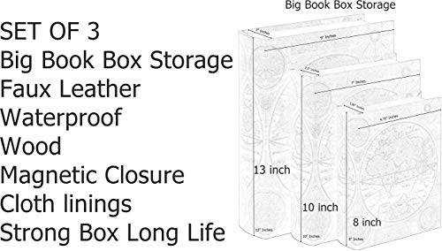 Bellaa Decorative Book Box Antiques Vintage Retro Invisible Secret Storage Faux Leather Wood Magnetic Set of 3 (A Antique Map) - style: A Antique Map