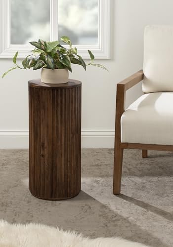 Kate and Laurel Reid Modern Wooden Ribbed Drink Table; 10 x 10 x 22; Walnut Brown; Solid Wood Mini Table for Use as Pedestal Plant Stand Indoors or Small Nightstand Option - color: Walnut Brown