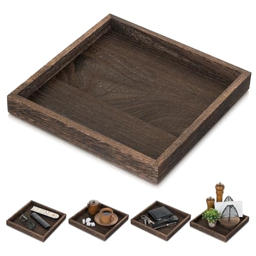 Hanobe Serving Tray Decor for Table: Small Wood Decorative Trays for Ottoman Coffee Tables - Farmhouse Square Wooden Centerpiece for Kitchen Counter Home Living Room 10inch Brown