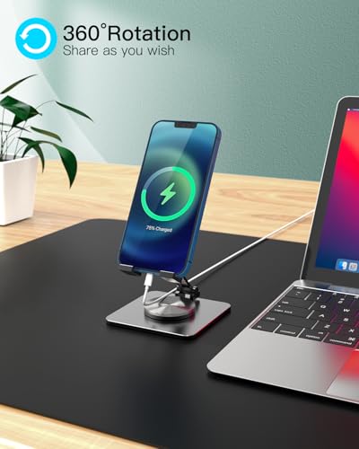 Cell Phone & Tablet Stand for Desk, Aluminum Adjustable Holder for iPhone, iPad & Smartphones || Foldable Mount with 360° Swivel, Stable Base & Portable Design for 4–9.7in Devices, Grey - color: Grey