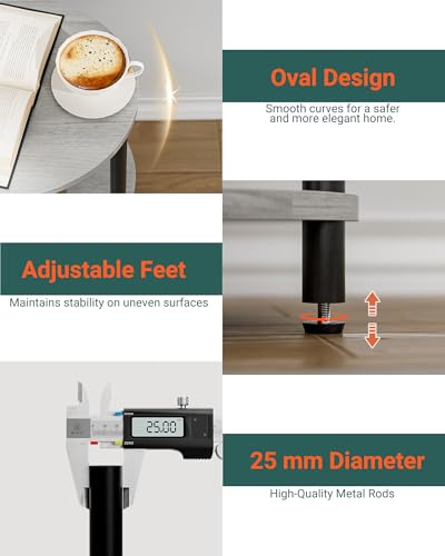 Round Pedestal End Table - 3-Tier Oval Accent Table for Small Spaces, Rustic Wood and Metal Couch Side Table, Nightstand for Bedroom or End Table Living Room, Easy to Assemble, Greige - color: Greige, size: 1-Pack, style: Without Power Outlets