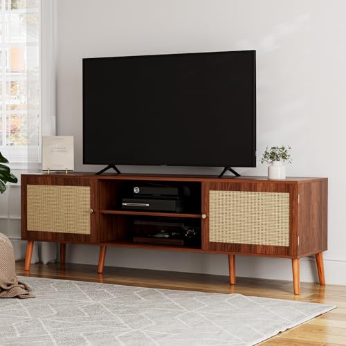 ZttRiee TV Stand for TVs up to 65'', Entertainment Center With Rattan Door, Shelves & 2 Cabinets, Long Boho Media Console for Living Room, Walnut - color: Walnut