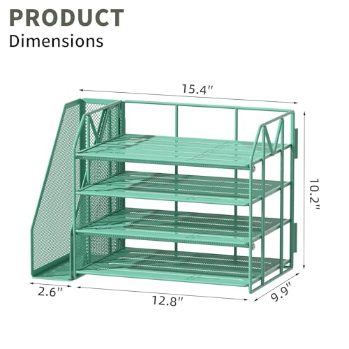 4-Tier Paper File Organizer with Drawer, Metal Desk Organizer, Tiered Paper Tray for Letter/A4 Files, Desktop Office Supplies Storage Rack, Green - color: 4-Tier Green with Bookend