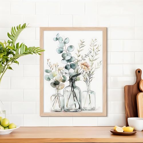 Framed Boho Eucalyptus Wall Art 2Pcs,Sage Green Plant and Flower in Glass Vase Canvas Prints, Minimalist Botanical Painting Picture, Nature Poster Artwork for Living Room,Bathroom, Kitchen Wall Decor 8X10IN - color: Boho Eucalyptus Framed, size: 10"L x 8"