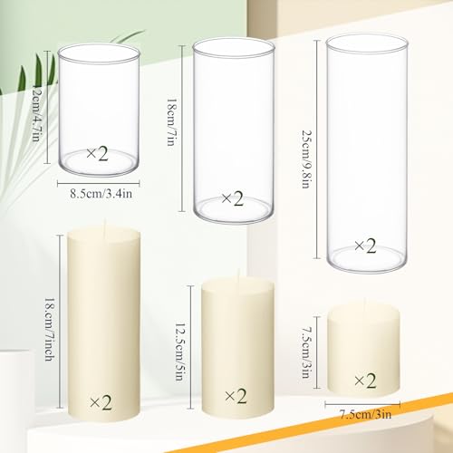 Shihanee Set of 6 Pillar Candles with Glass Cylinder Vases Clear Cylinder Hurricane Candleholders for Slim Tall Pillar Candles Wedding Table Centerpieces(3'' X 5.9", 7.9", 9.8",Ivory) - color: Ivory White, size: 3'' X 5.9", 7.9", 9.8"