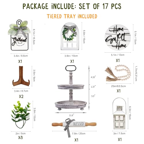 Houmury Set of 17 Farmhouse Tiered Tray with 1 Lantern Artificial Plant& Cutting Board Sign for Rustic Home Sweet Home Kitchen Decor Tier Tray Decor Set
