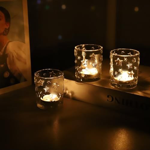 VOHO 24pcs Christmas Candle Holder for Votive Candles & Tea Lights Candles, Clear Votive Candle Holders Star Embossed Glass Decorative for Holiday Dining Table Centerpiece - color: Clear Stars
