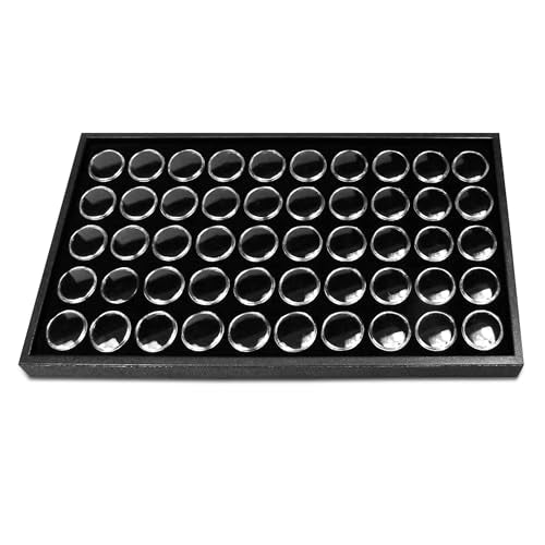 Novel Box Jewelry Display Tray Black Plastic 8.25 x 14.75 x 1 Large Jewelry Tray with 50 Gem Jars Insert | Rectangular Display Trays for Collectibles | Rock Collection Tray | Gem Display Tray - color: 50-Gem Jars Black Foam Liner, size: Plastic Tray: 8.25
