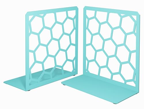 GEOMOD Geometric Honeycomb Turquoise Metal Bookends Decorative - Tall Sturdy Book Ends for Shelves - Modern Heavy Duty Bookend Stopper - Office Shelf Book Holder - 6x3.25x6.25 Inches - 1 Pair - color: Turquoise, size: 1 Pair, style: Honeycomb