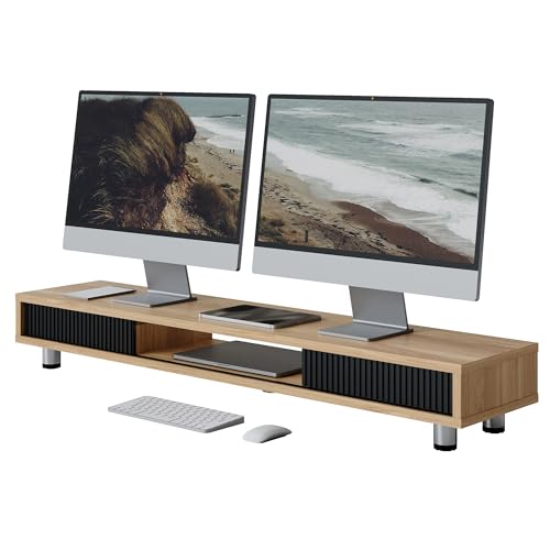 Fenge Dual Monitor Stand, 42.5inch Long Monitor Stands Riser for 2 Monitors, Sliding Door with Storage Organizer Stand for Desk, 2 Tier Desk Shelf for Laptop, Pc, Printer, Computer, TV - color: Dark Oak