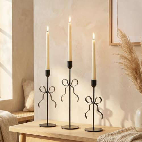 Bow Candle Holder - Bow Candlestick Holder Set of 3 Metal Gold, Modern Decorative Taper Candle Holder for Centerpiece Wedding Dining Table Holiday Housewarming Gift (Black)