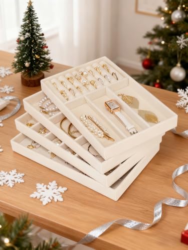 Cirhy Velvet Jewelry Drawer Organizer Trays – Stackable Jewelry Trays for Drawers, Set of 4 Jewelry Organizer for Drawer Inserts, Display Storage Box for Earrings, Rings, Necklaces, Bracelets - color: beige