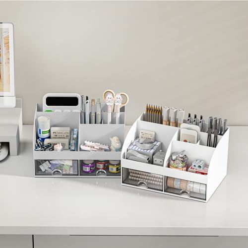COMFYROOM Desk Organizer with 6 Compartments and 2 Drawers, Plastic Makeup Organizer, Pen Holder for Desktop Storage, Desk Organization for School, Home, Office Supplies (Grey) - color: Grey