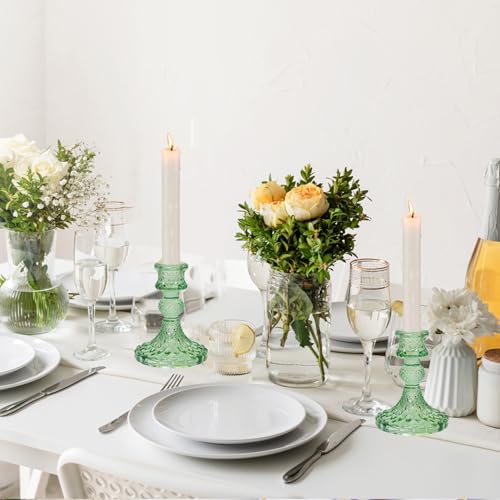 Glass Candlestick Holders Set of 2，Taper Candle Holders Fit 0.8 Inch Candles, Crystal Decorative Candle Stand Centerpiece for Table Wedding Dinning Party 4 Inch Tall (Green) - color: Green