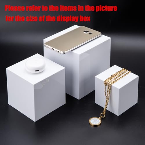 Clisela 3pcs Acrylic Cube Display Stands Box Risers with Hollow Bottoms, Food Risers for Buffet Table, Decorative Display Stand Shelf for Dessert Collectibles Jewelry Figures Show - White 3" 4" 5" - size: (3,4,5)"- White