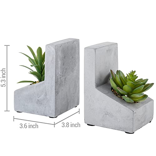MyGift Decorative Bookends for Heavy Books, Book Ends with Planted Artificial Succulent Plants, Book Stands for Shelves Desktop, 1 Pair, L-Shaped Concrete - color: Artificial Succulent
