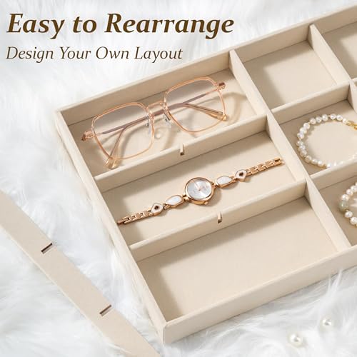 pickpiff Drawer Jewelry Organizer & Display Trays: 2pcs 12grid Velvet Stackable Jewelry Case (13.8x9.4x1.2inch) - Soft Beige Necklace Holder Bracelet Display Watch Box - size: 12 grids + 12 grids