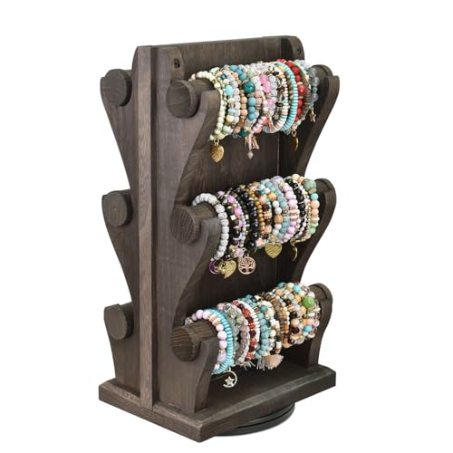 Ikee Design Two-Sided Rotating Wooden Jewelry Bracelet Display Stand-6 Removable Holders, 3 Tier Bar Bangle Organizer-Perfect for Bracelets and Jewelry Display, Dark Brown Color - color: 2) Dark Brown, 6 Bars