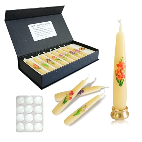 Floral Meditation Candles - 2 Hour Burn Beeswax Taper Candles with Candle Wax Dots & Brass Holder Decorative Prayer Candles for Yoga Mindfulness & Spiritual Ritual Gift,8pcs - color: MCBEE8PC